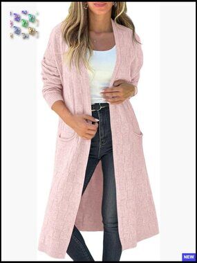 Oversized Long Cardigan Sweater Open Front Checkered Knit Jacket with Pockets